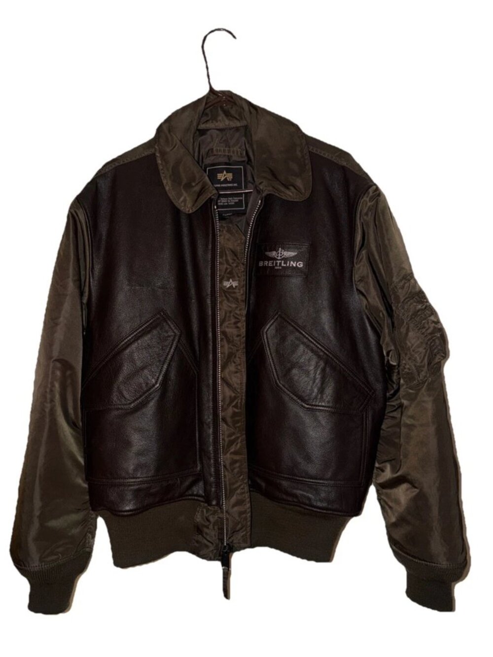 Breitling Flying Pilot Leather Jacket XL Alpha Industries Brown Size X-LARGE USA